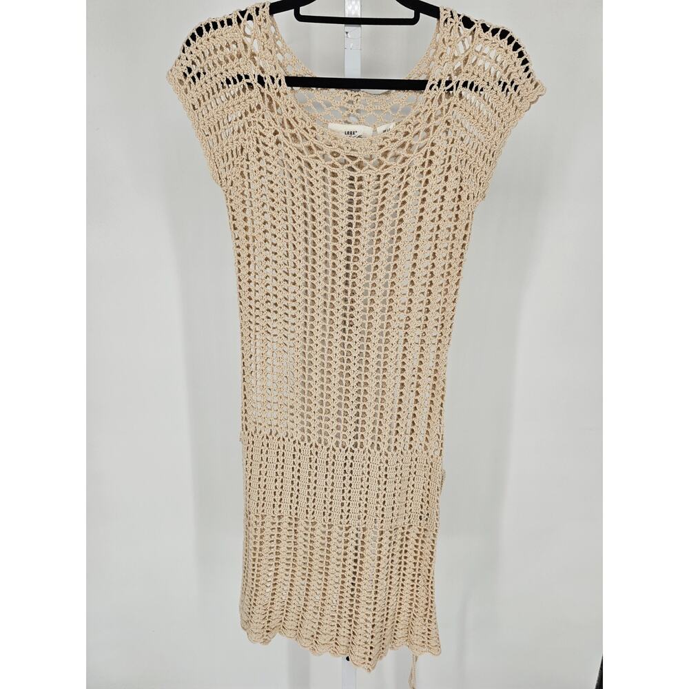LOGG for H&M Womens Sz S Midi Legnth Boho Crochet Dress Beige Tan Short Sleeve